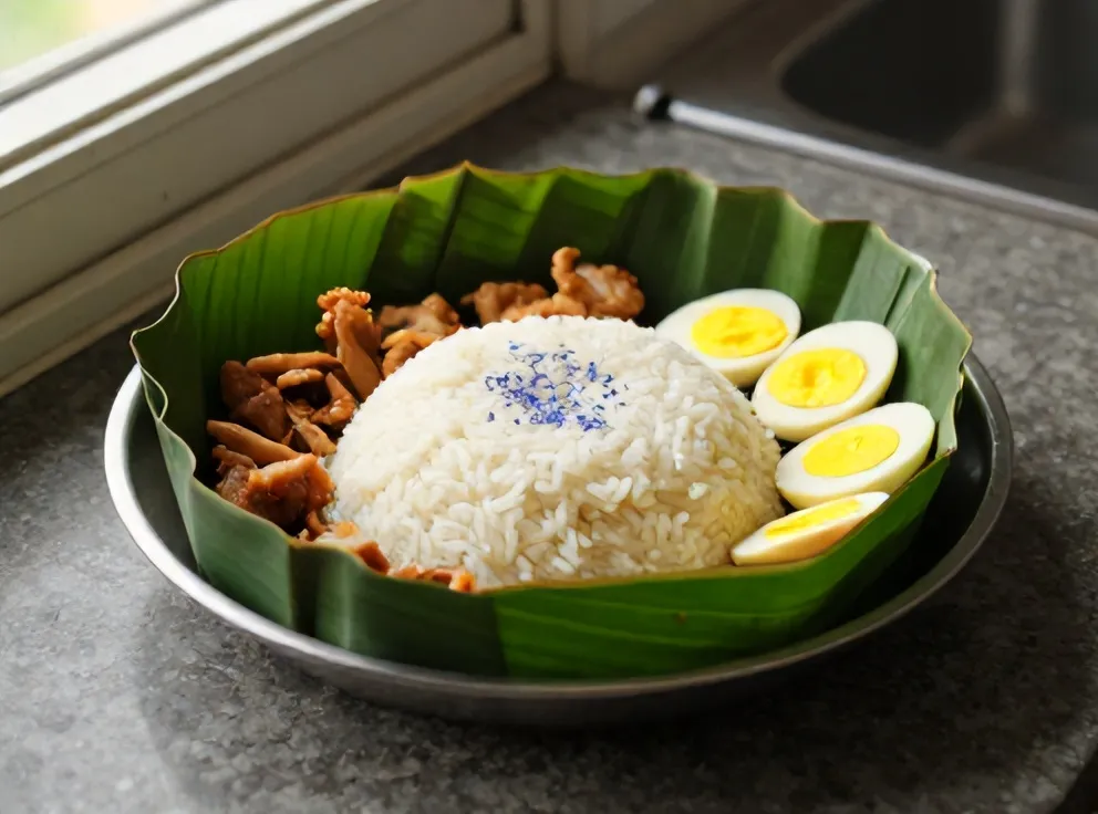 Tumpeng nasi kuning di tampah berlapis daun pisang dikelilingi urap, ayam goreng dan telur