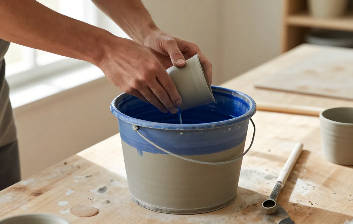 A potter dipping a bisque-fired cup into a bucket of blue glaze