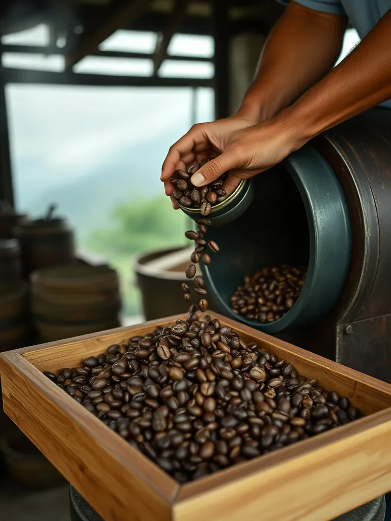 Biji kopi yang baru disangrai dituang ke nampan kayu