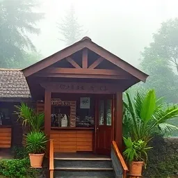 Pintu masuk kedai kayu di lereng berkabut