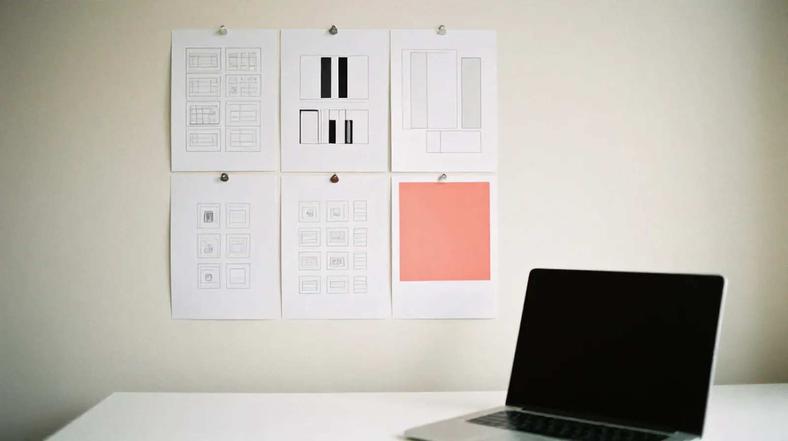 Interface sketches pinned above a desk