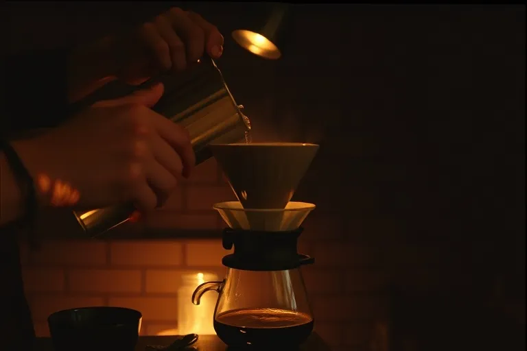 Tangan menyeduh kopi V60 di bawah lampu hangat