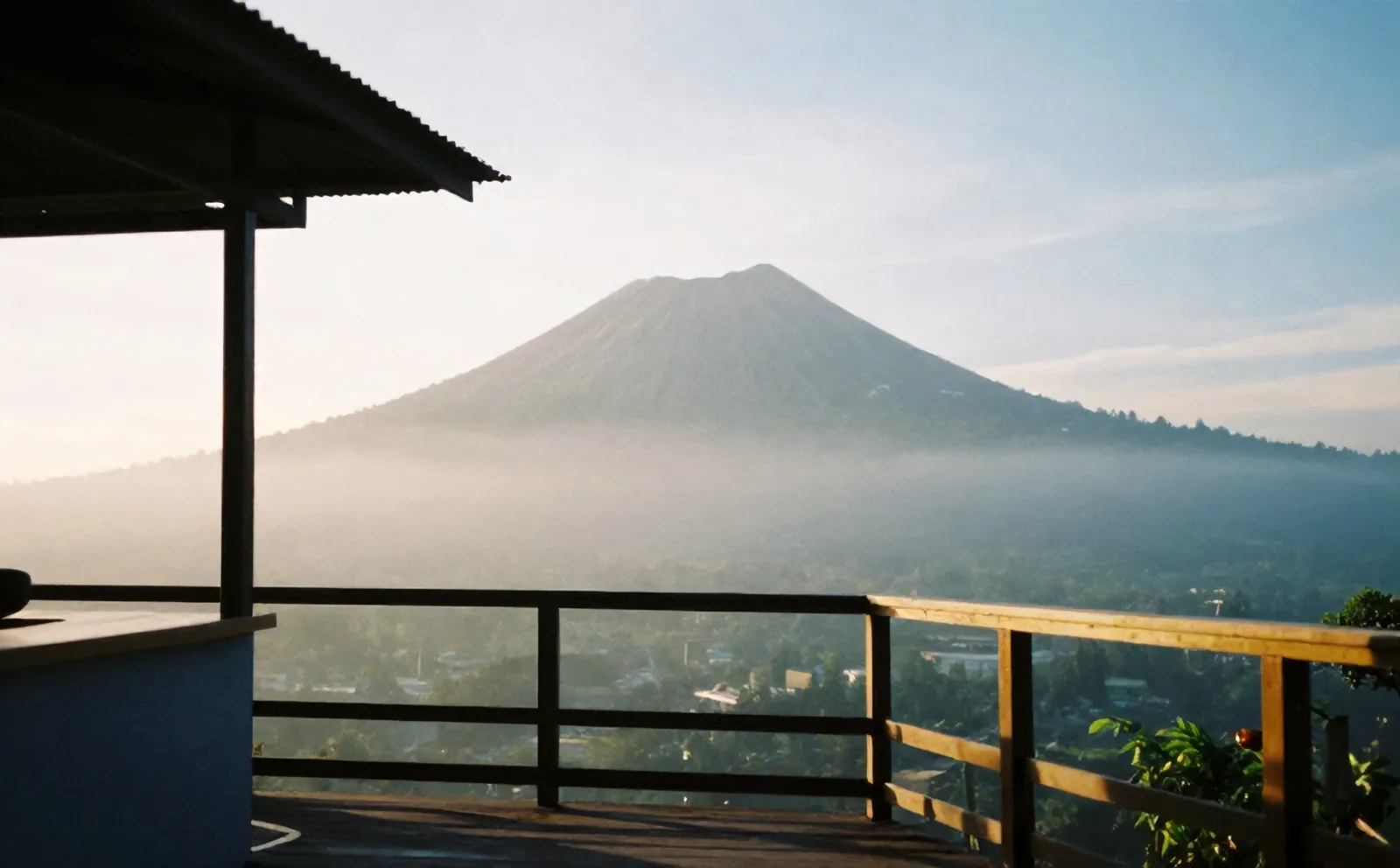 Teras kopi menghadap Gunung Merapi di pagi berkabut