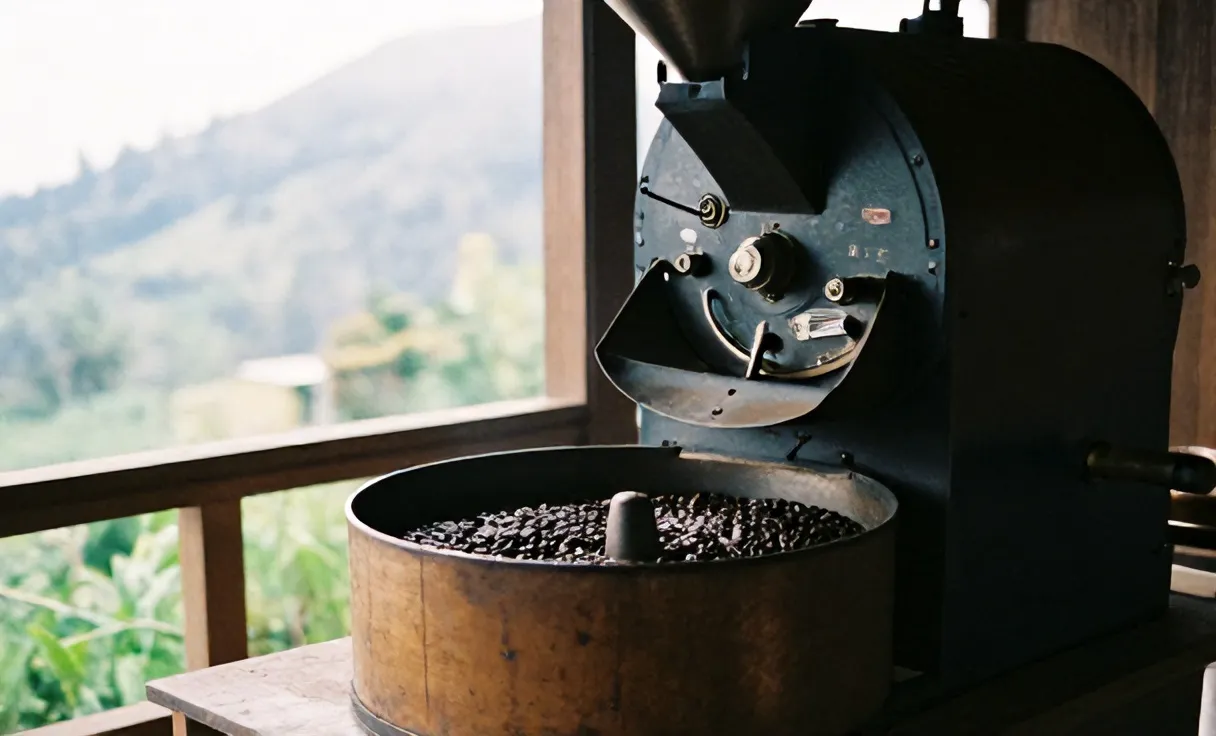 Biji kopi disangrai di mesin sangrai kecil