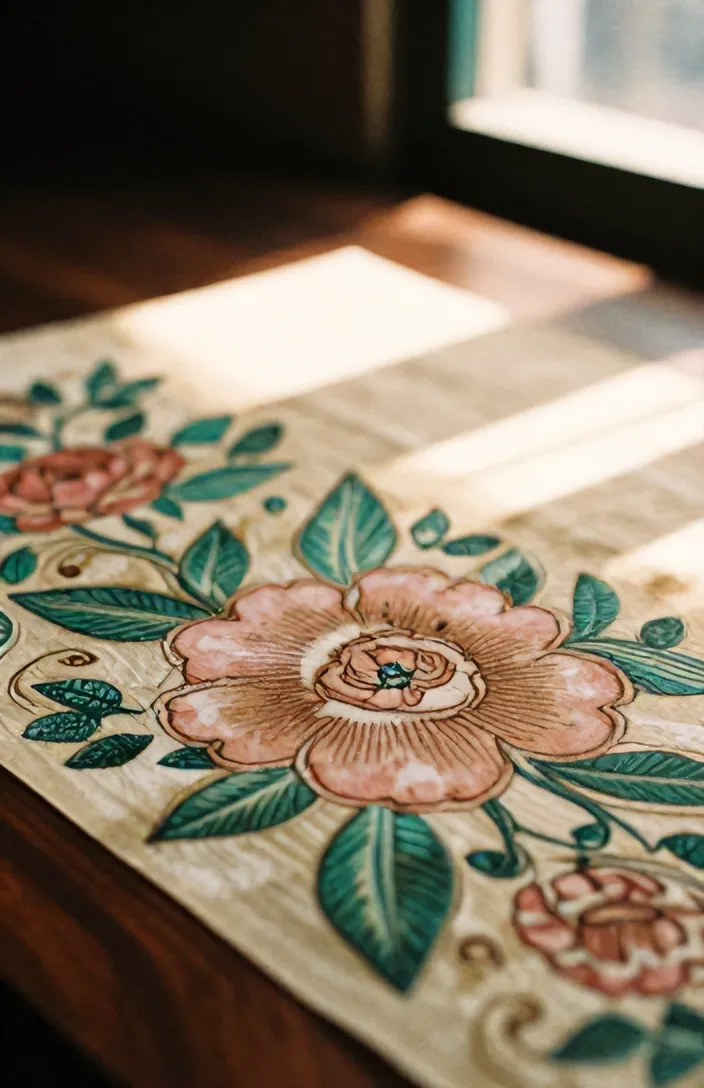 Detail garis malam tangan pada kain batik tulis berwarna mawar dan hijau laut