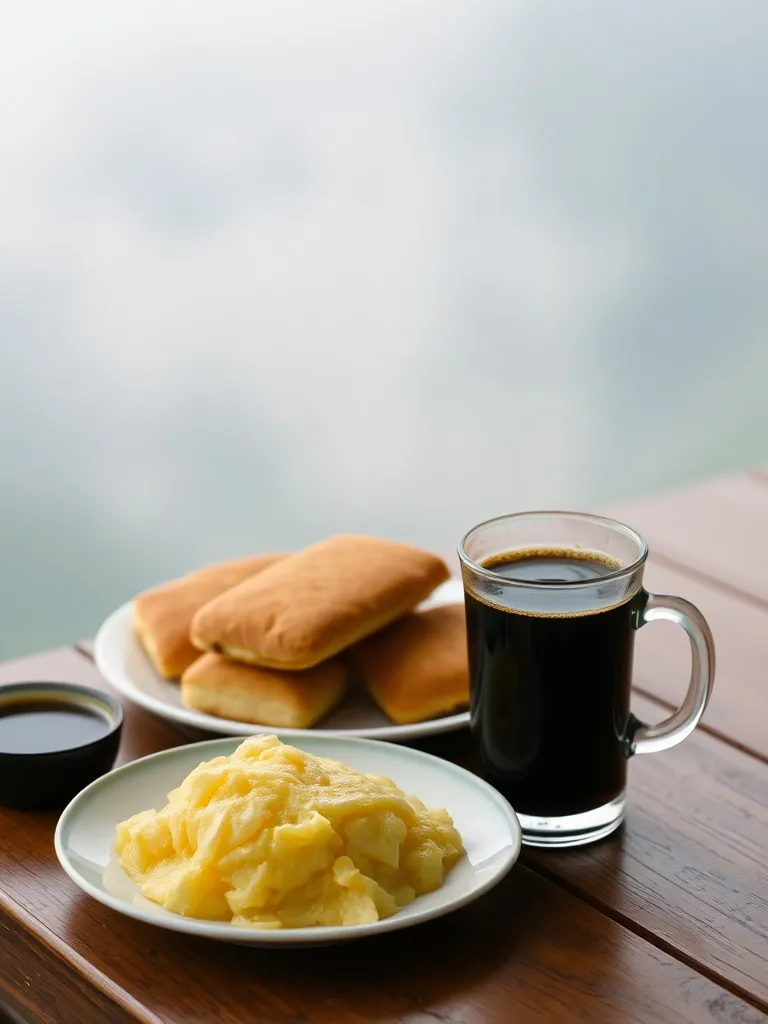 Pisang goreng hangat dan segelas kopi hitam di meja kayu