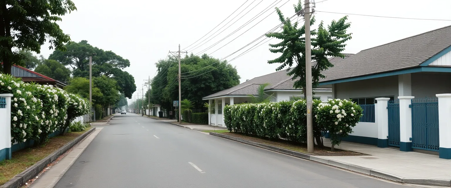 Jalan dari Stasiun Pondok Cina menuju Wisma Melati, trotoar sepi dan pagar melati