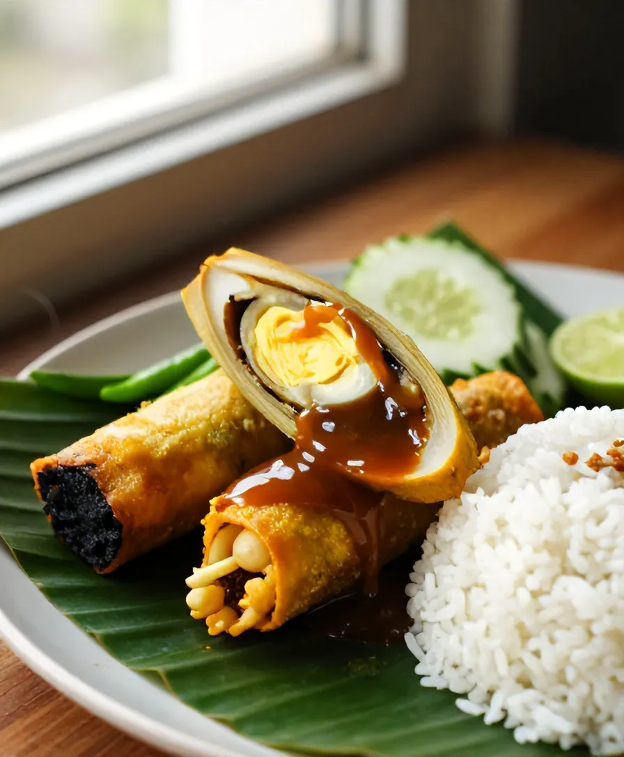 Lumpia Semarang dipotong dua, isi rebung dan telur, saus kental dan acar