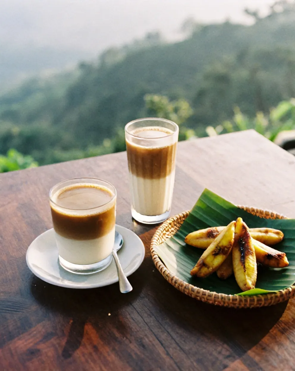 Kopi tubruk, es kopi susu gula aren dan pisang goreng di meja jati