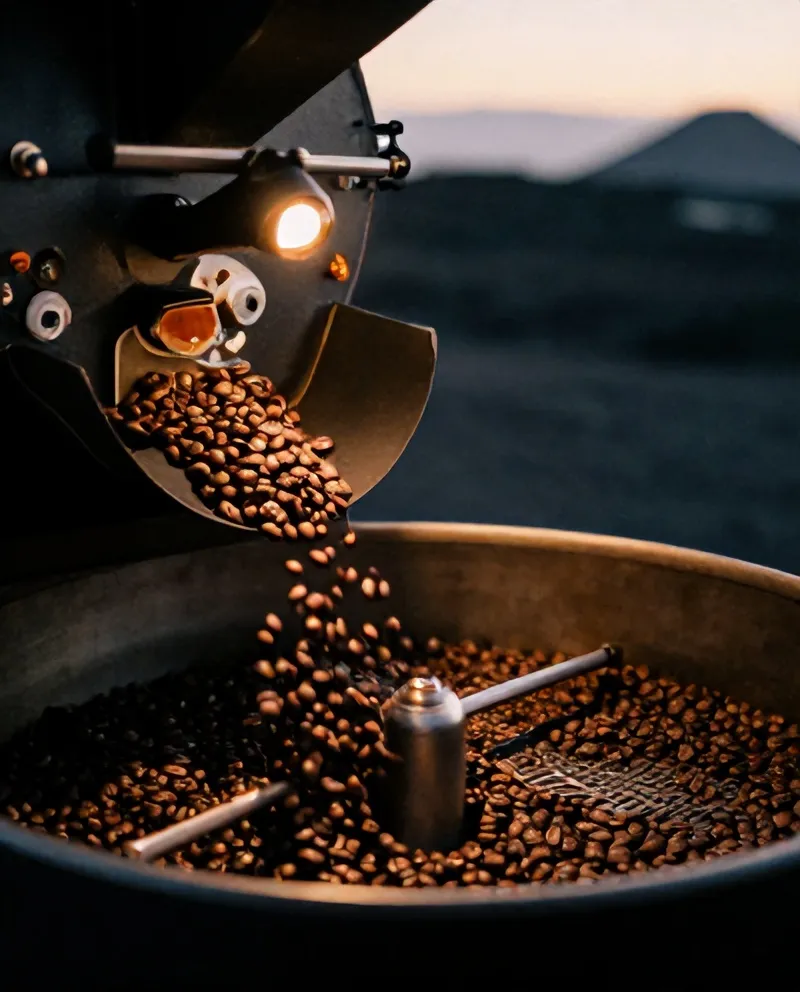 Biji kopi baru sangrai jatuh ke nampan pendingin