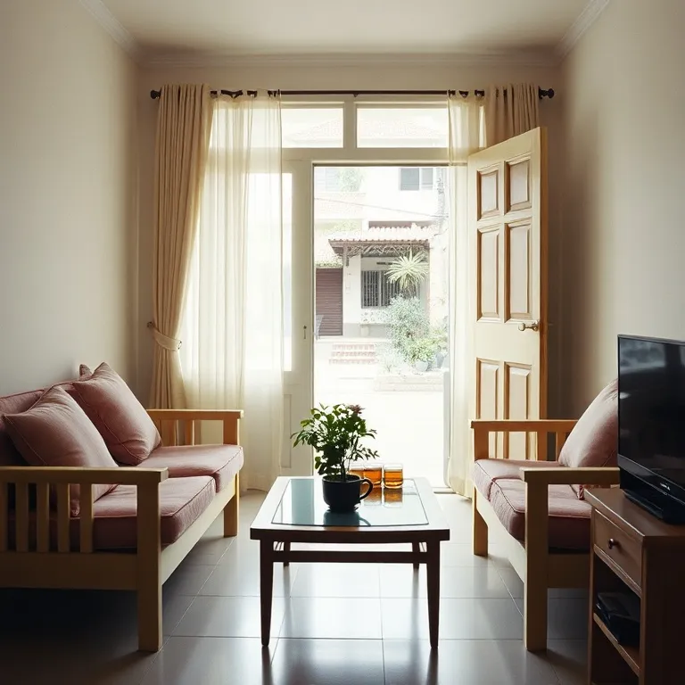 Ruang tamu lantai bawah dengan sofa kayu dan meja kecil