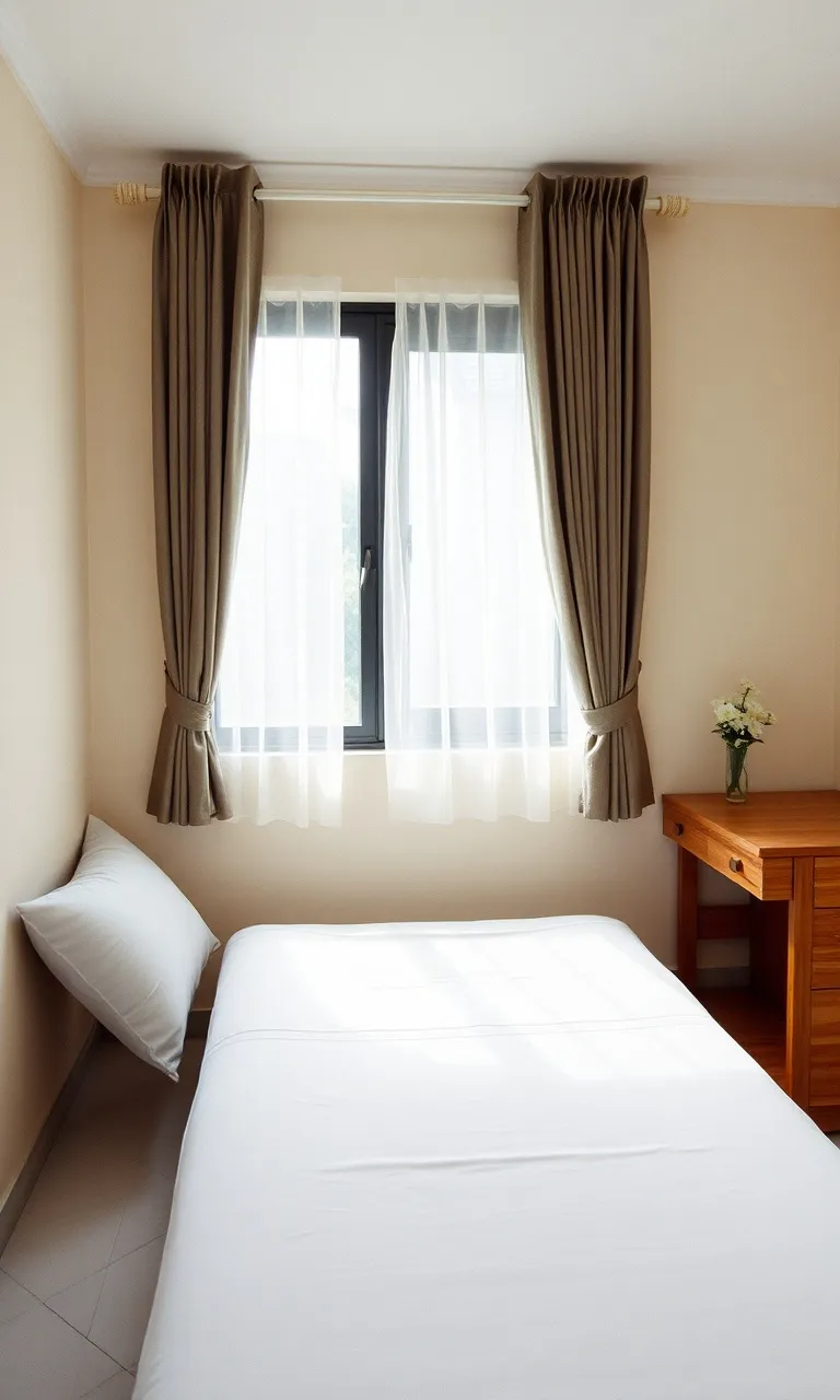 Kamar kos putri yang rapi dengan kasur, meja belajar, dan tirai tipis