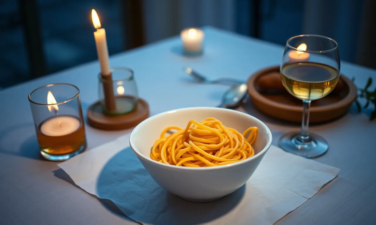 A bowl of lemon tagliolini with a candle and a glass of orange wine