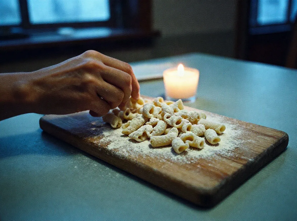Hand-cut tajarin and pici dusted with semolina on a wooden board