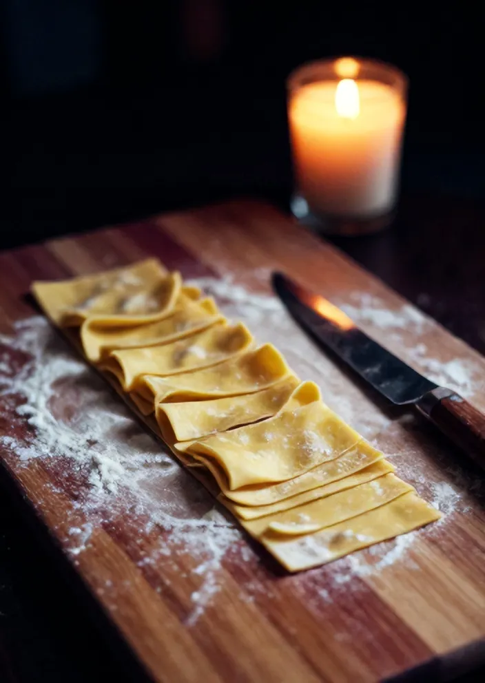 A folded pasta sheet sliced into tagliatelle ribbons