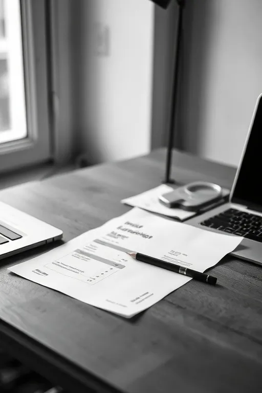 A designer's desk with a printed invoice, a pencil and a closed laptop