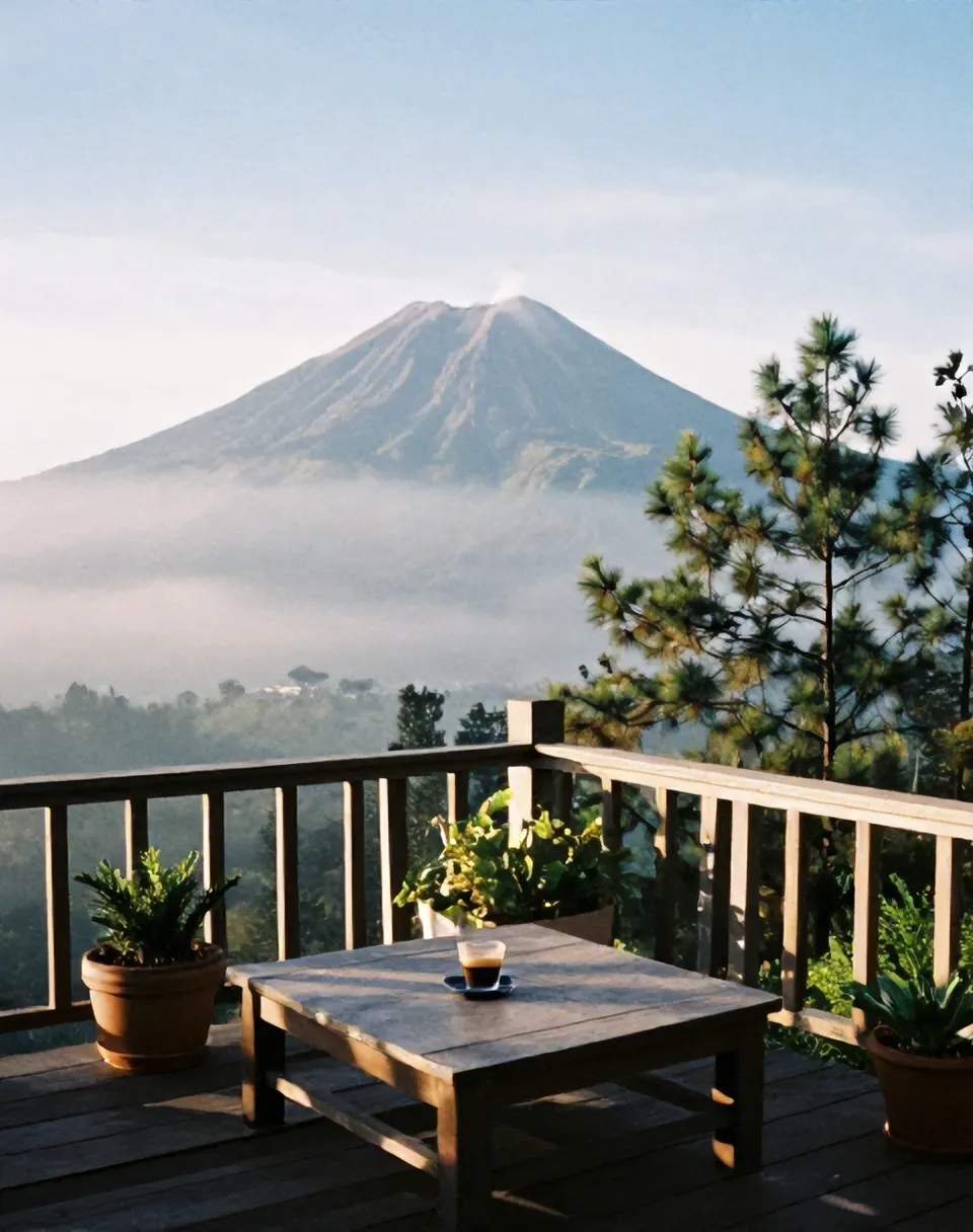 Pemandangan dari teras Kopi Lereng ke arah Merapi di pagi berkabut, segelas kopi tubruk di meja kayu