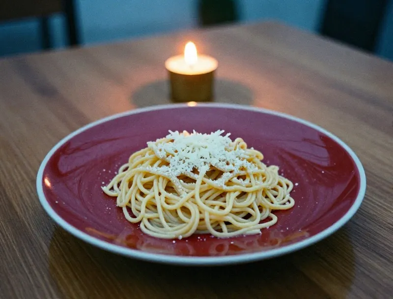 Cacio e pepe tonnarelli on a wooden table by candlelight