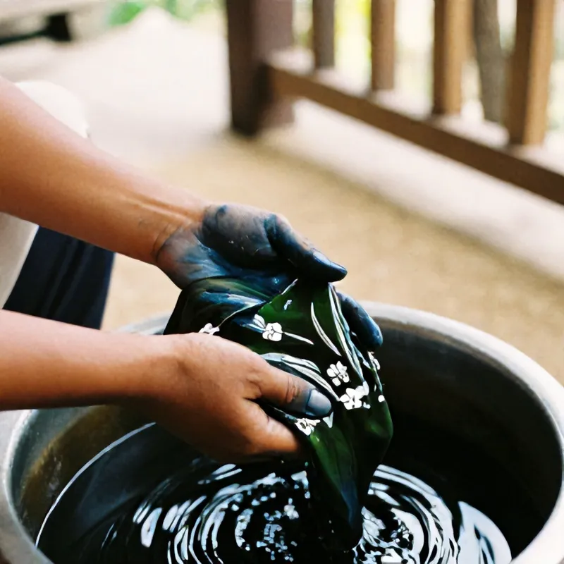 Kain batik basah di atas bak pewarna indigo