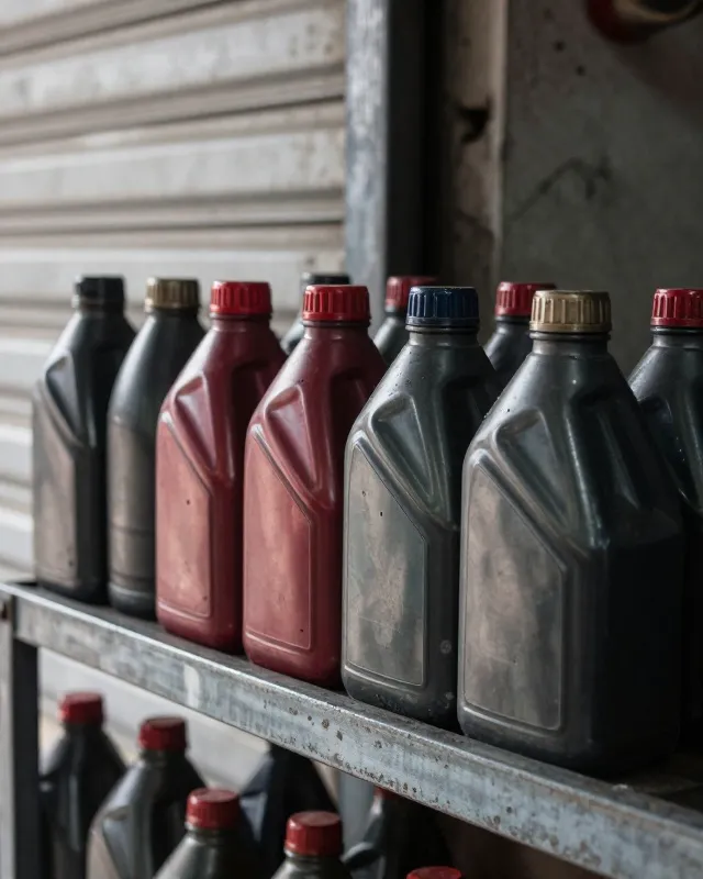 Botol oli 0,8 liter berderet di rak bengkel