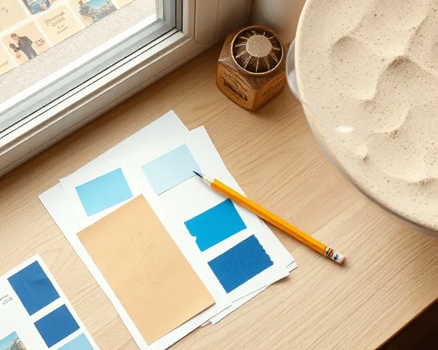 Contoh kertas warna dan pensil di atas meja