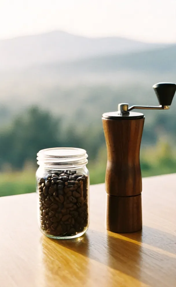 Toples biji kopi sangrai dan penggiling manual di meja jati