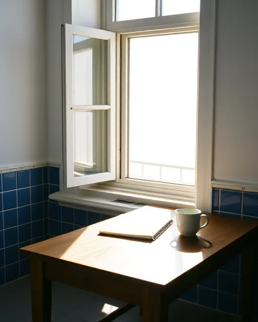 A desk by a window with a notebook and coffee