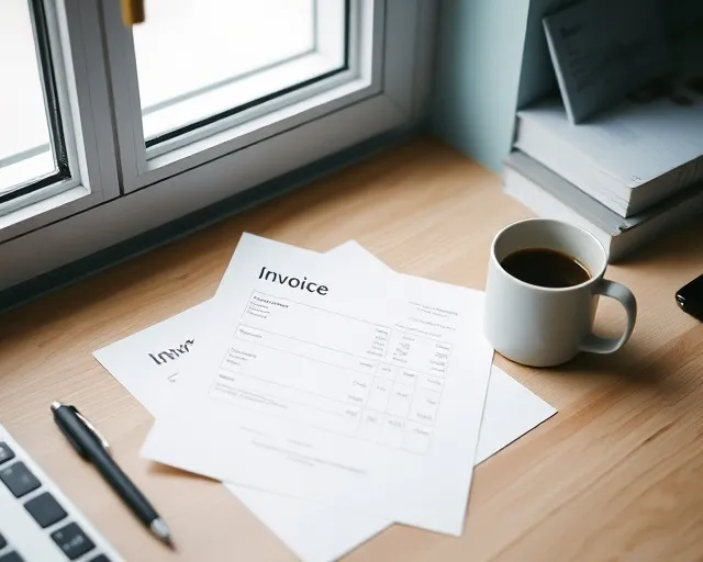 A printed invoice beside a coffee cup