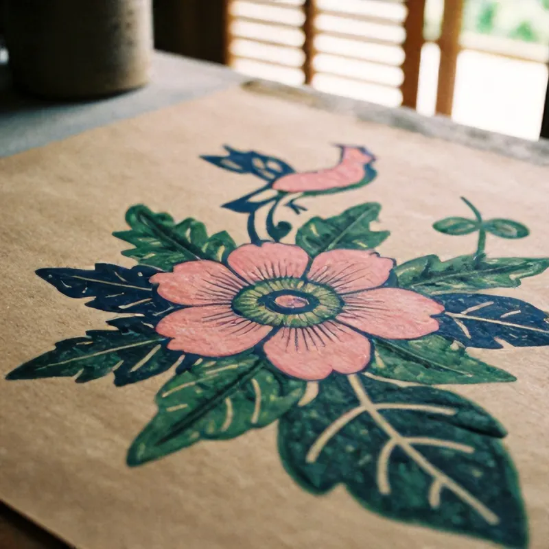 Detail bunga dan burung motif Buketan