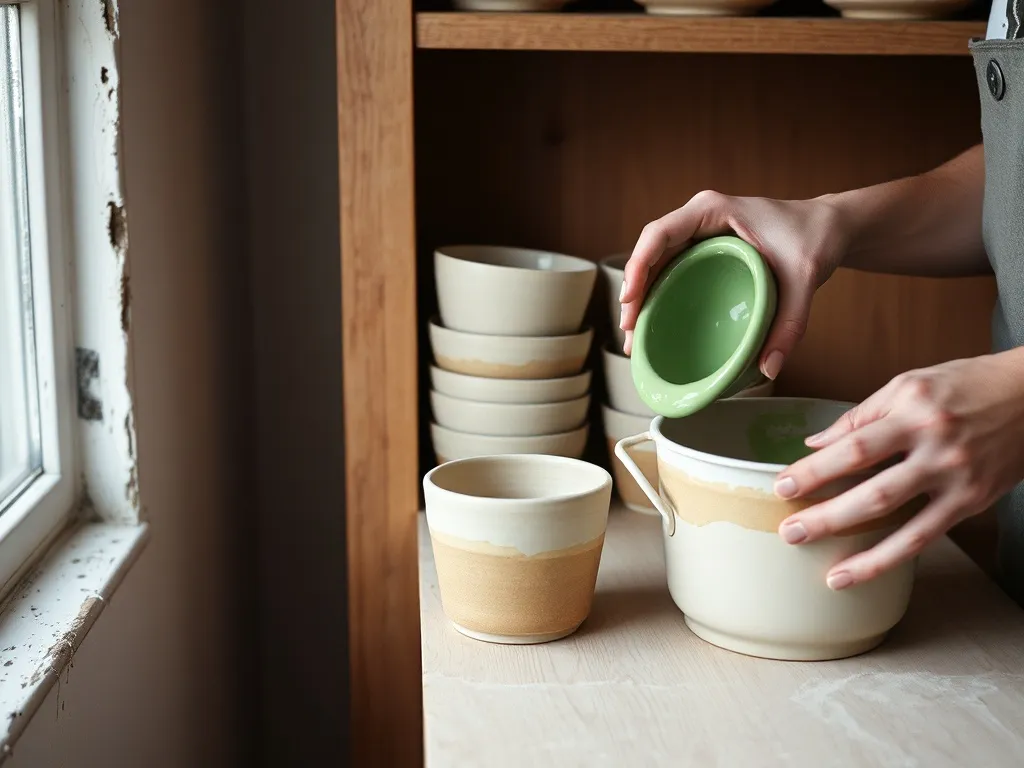 Hands mixing green glaze beside raw stoneware cups