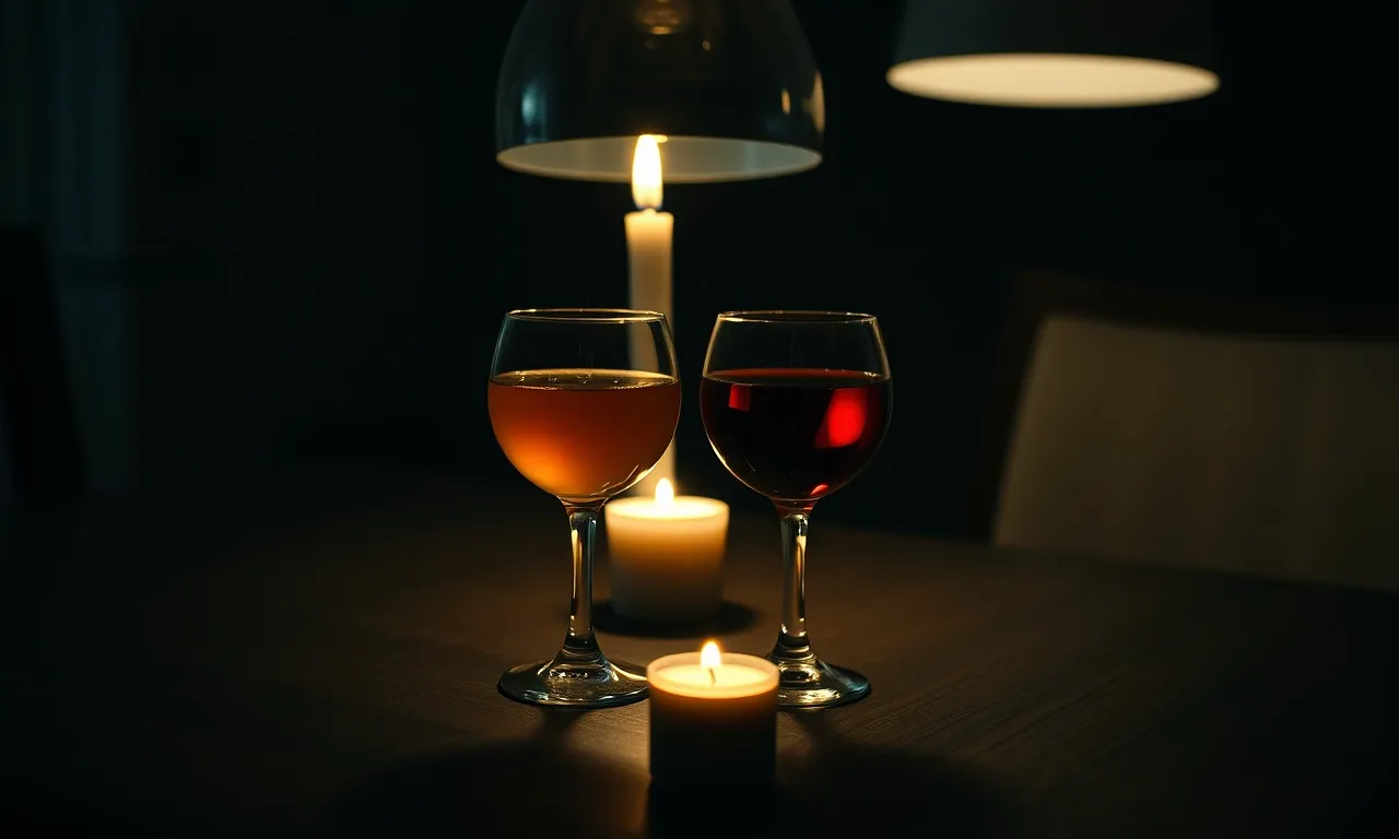 Two tumblers of natural wine by candlelight