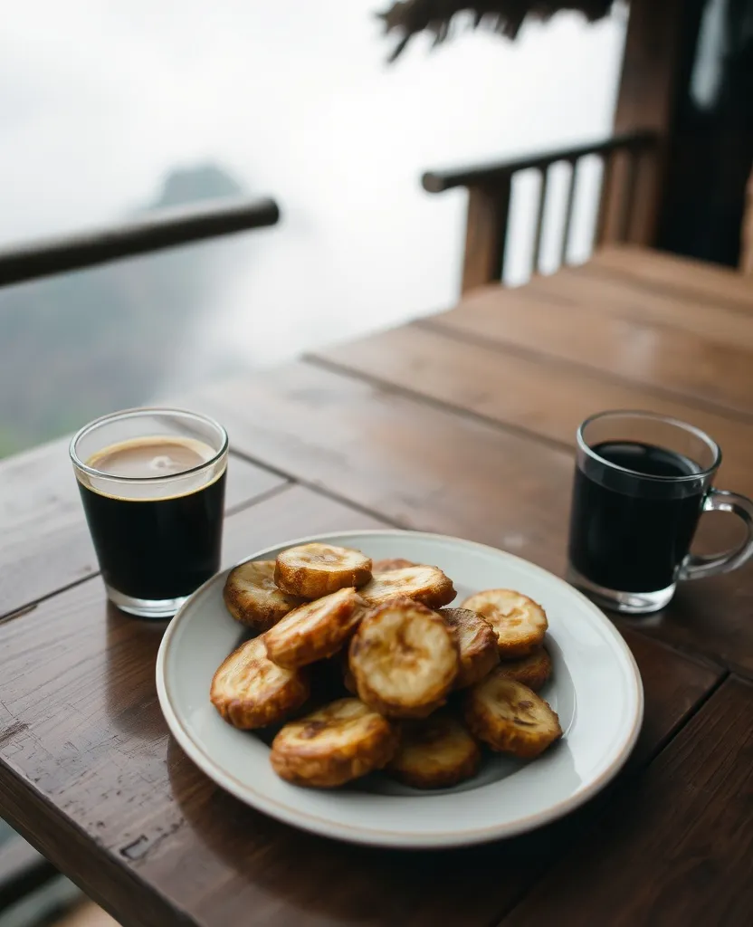 Pisang goreng dan segelas kopi tubruk di meja kayu