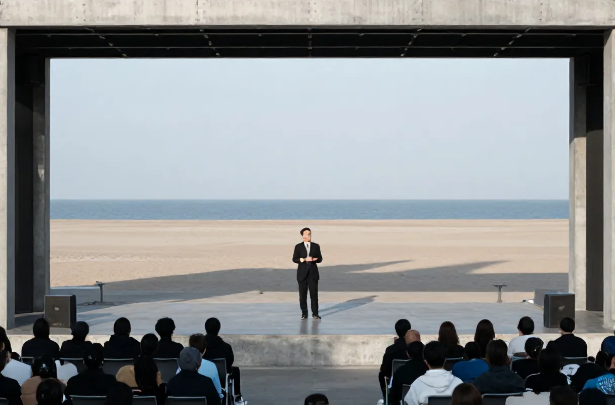 A speaker on the concrete stage seen from the back rows