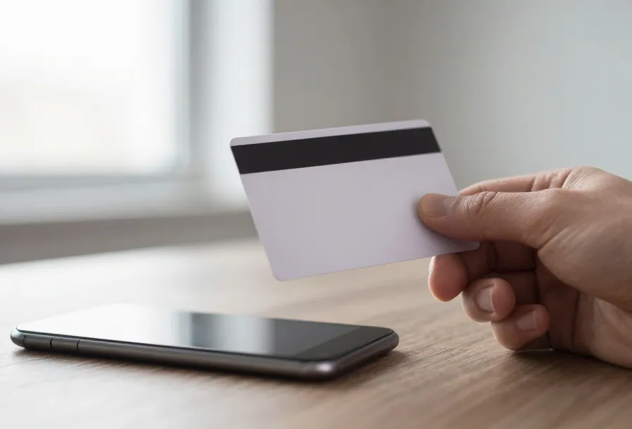 A hand holding a bank card over a phone at the moment of paying