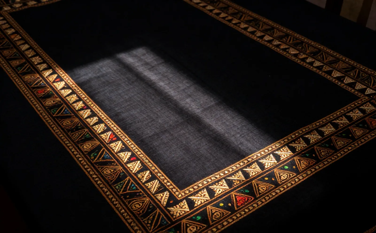 Detail kain Terang Bulan dengan bidang indigo polos dan tumpal di tepi
