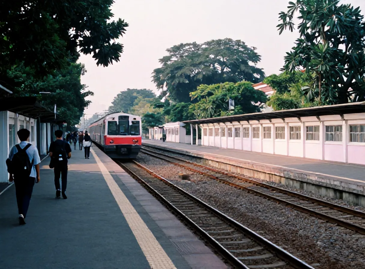 Peron Stasiun Pondok Cina dengan KRL merah-putih dan beberapa mahasiswa