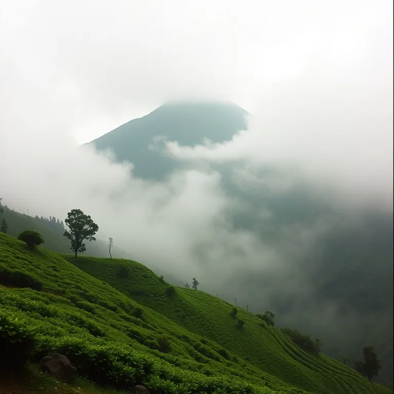 Punggung Merapi berkabut di atas kebun kopi