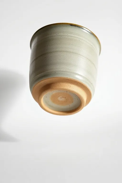 A cup turned over to show its raw, speckled clay foot ring