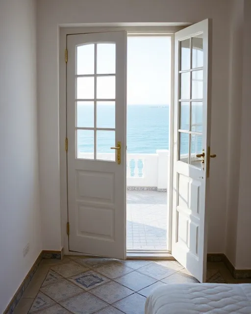 A bedroom door ajar onto a bright room with a sea view