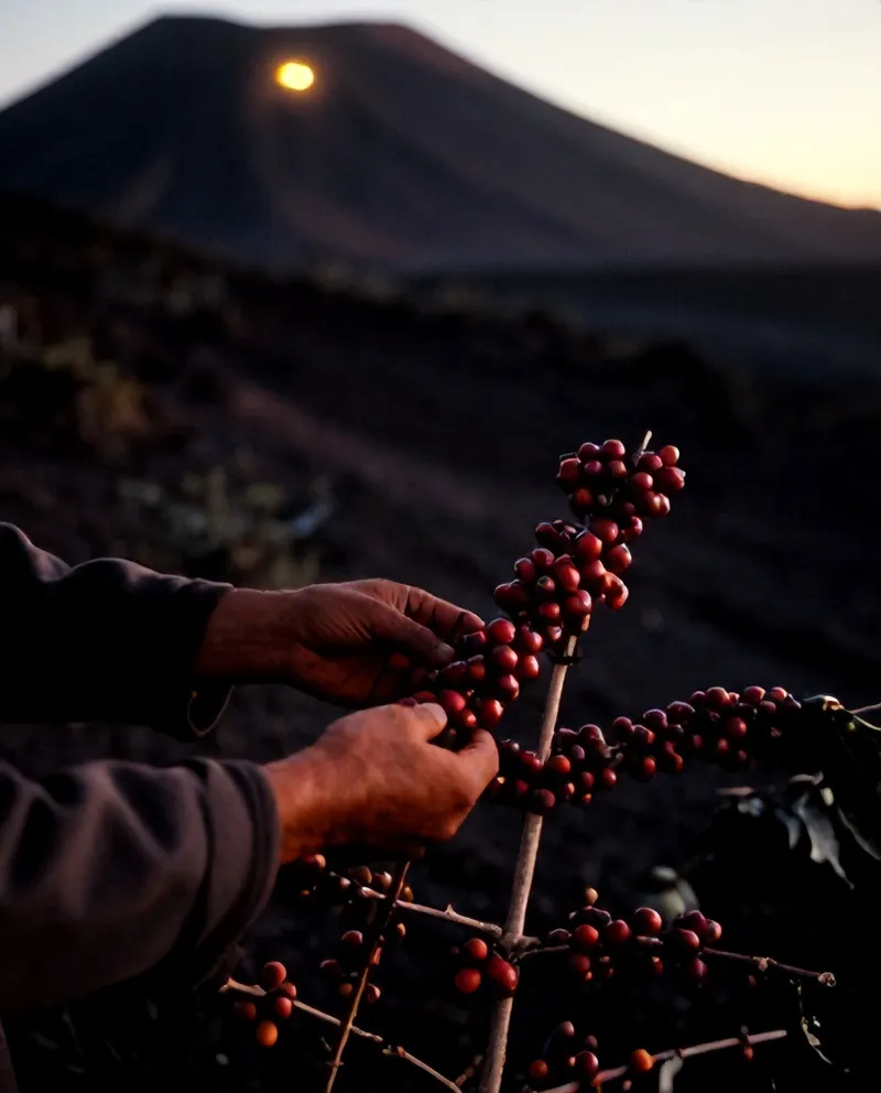 Tangan petani memetik buah kopi merah di lereng Turgo