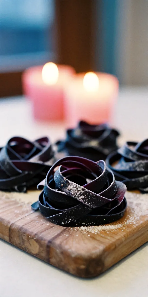 Nests of fresh tagliatelle on a wooden board
