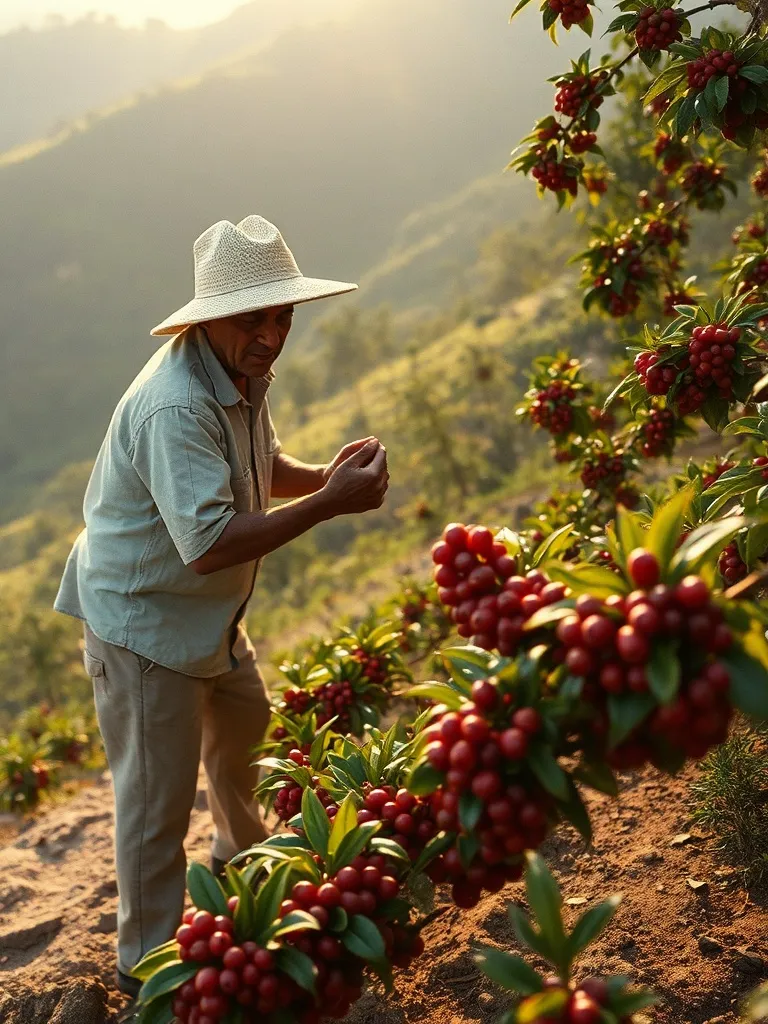Petani bercaping memetik buah kopi di kebun Turgo