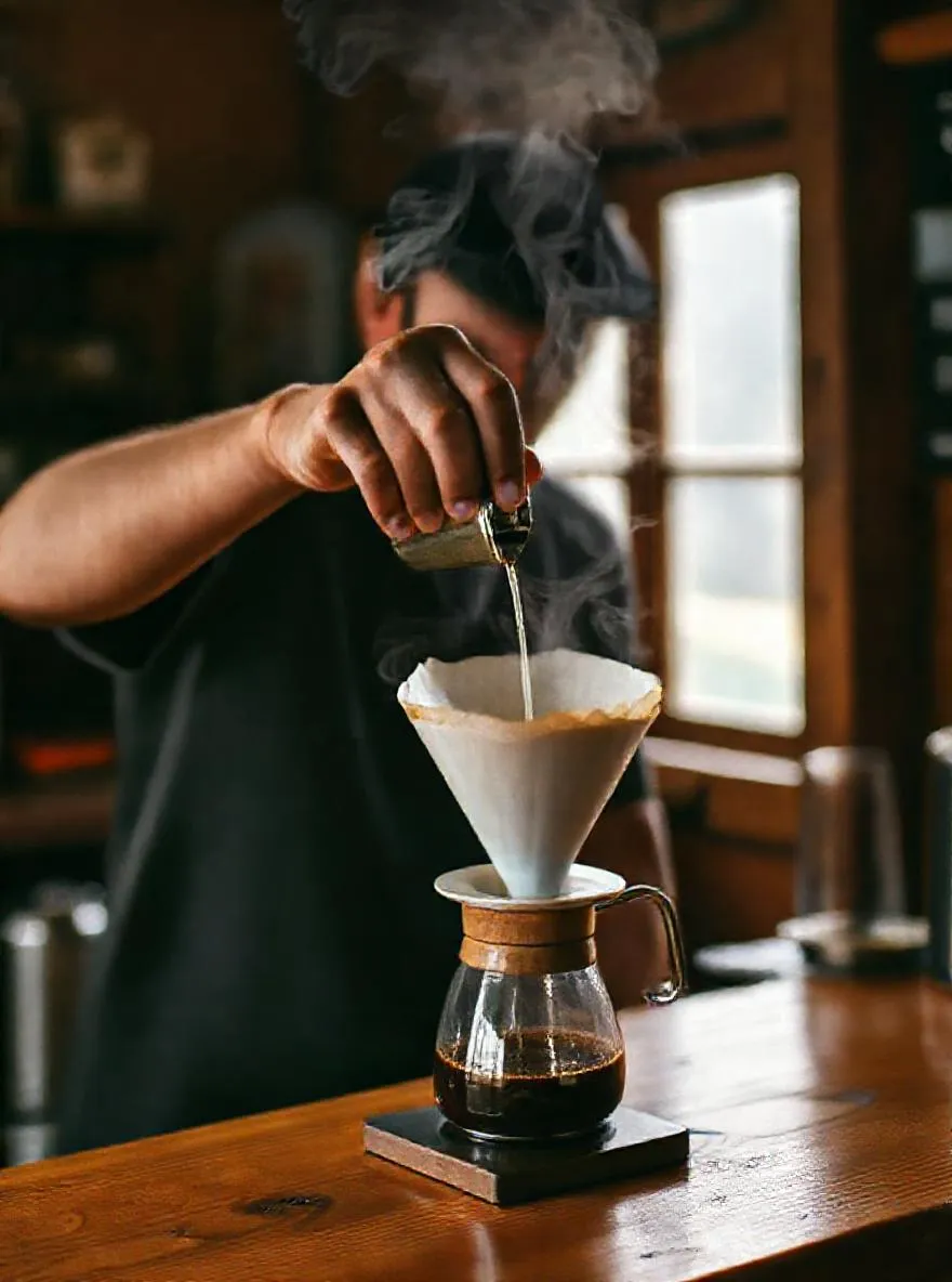 Barista menyeduh V60 di meja kayu