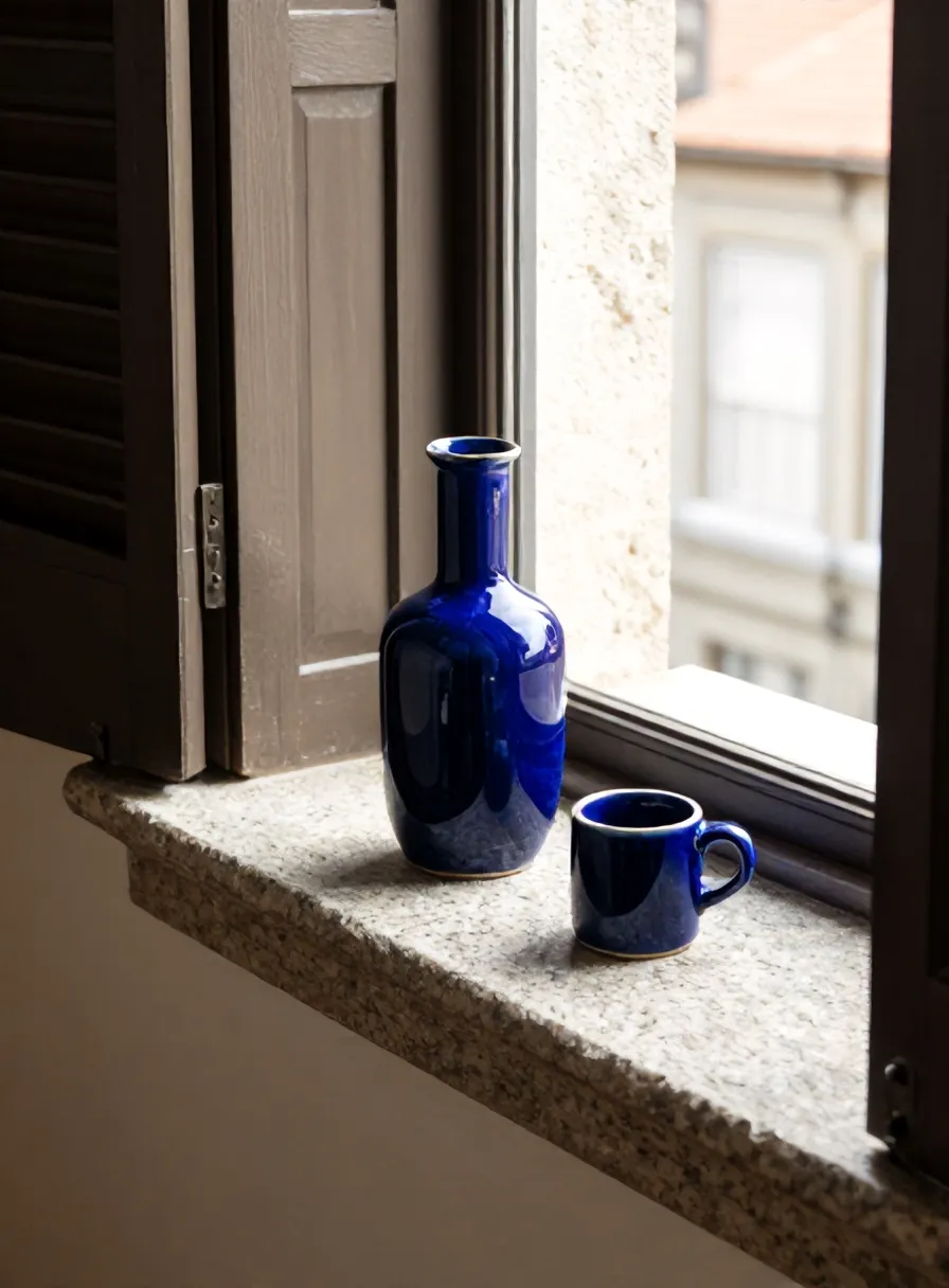 A glazed Kiln carafe and cup on a granite window sill in Porto