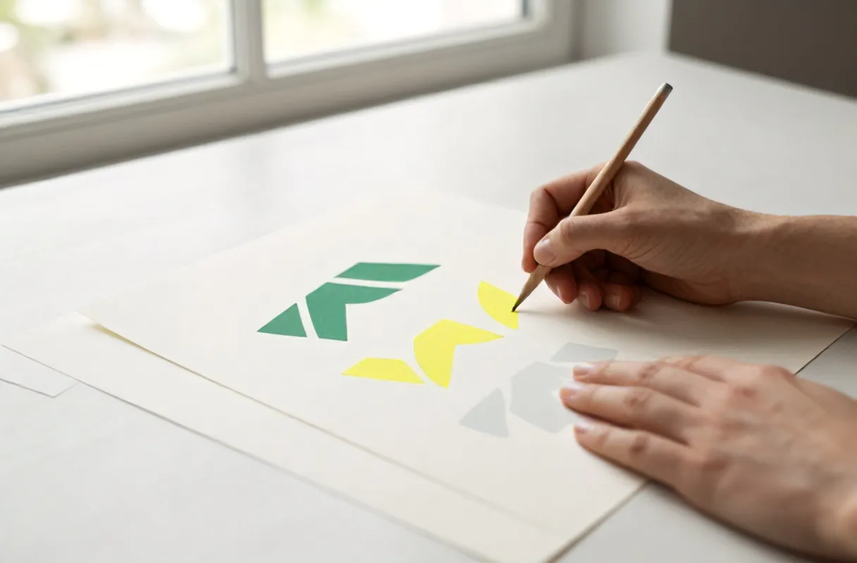 A designer's hands laying out printed brand proofs and marking one with a pencil