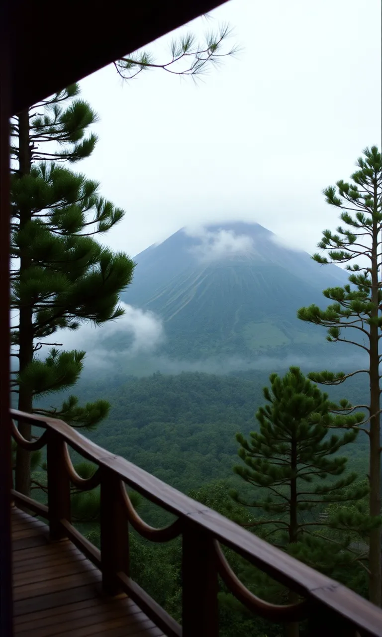Lereng Merapi berkabut dilihat dari teras