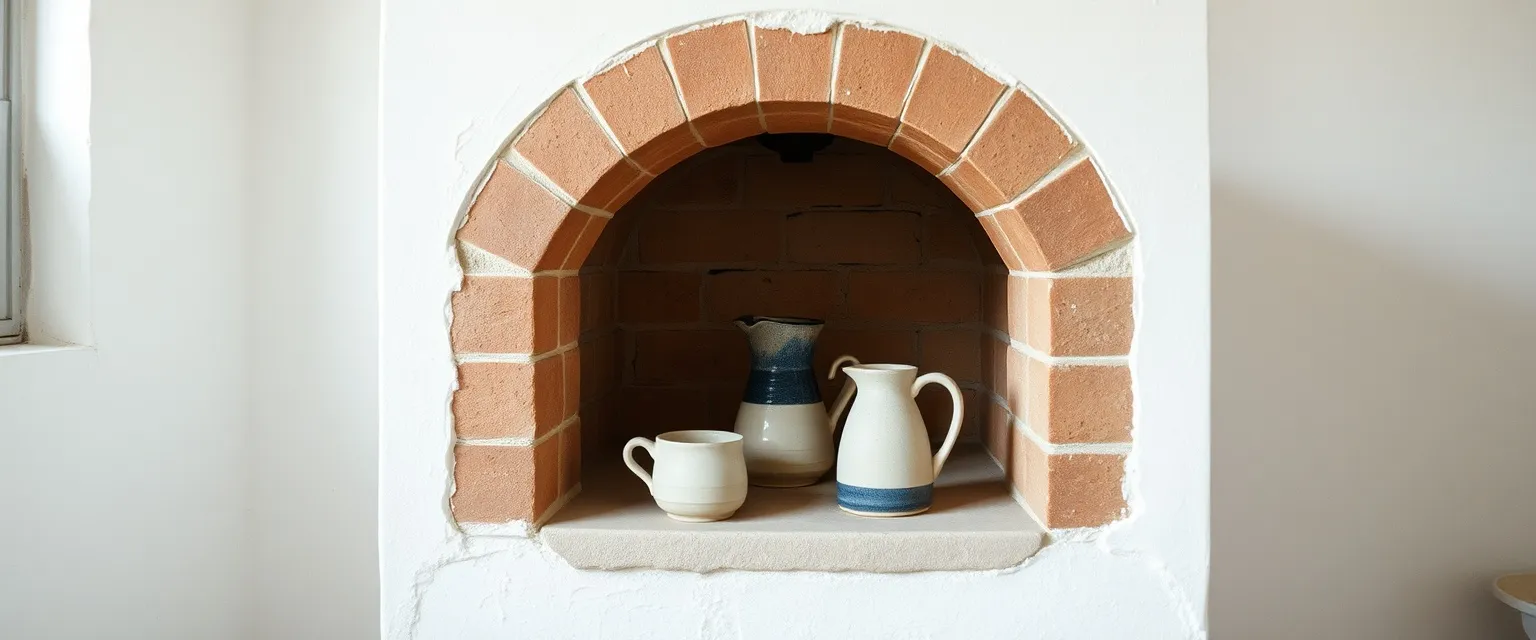 A stoneware dripper, carafe and two cups on the shelf inside the arched mouth of a brick kiln