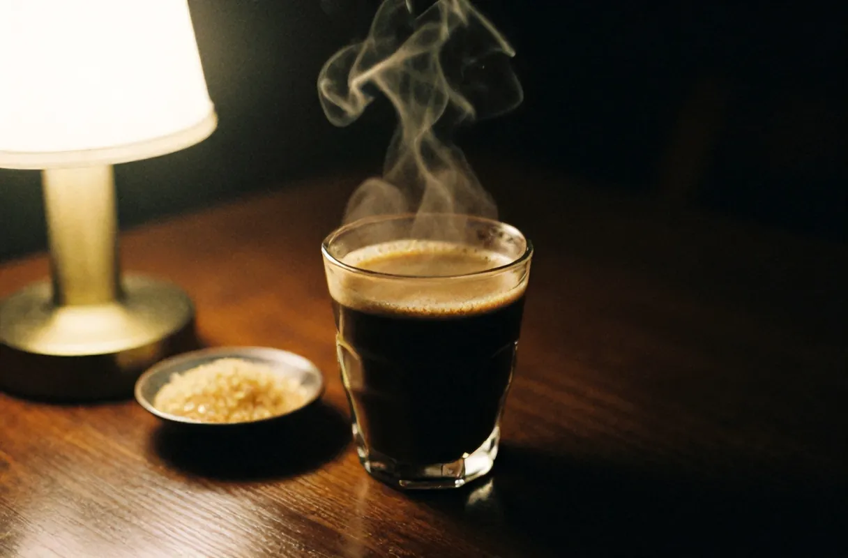 Segelas kopi tubruk Merapi mengepul di meja kayu, diterangi satu lampu hangat