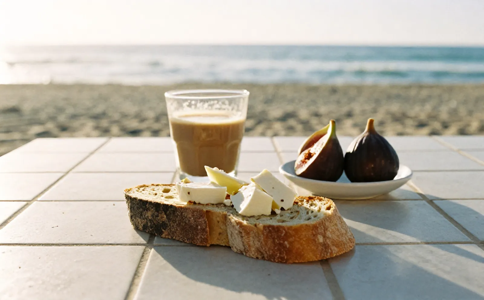 Crusty bread, fresh cheese, figs and a glass of galão on a tiled terrace table