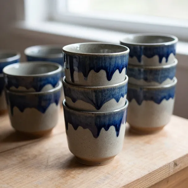 Stoneware cups with blue glaze drips on a workbench